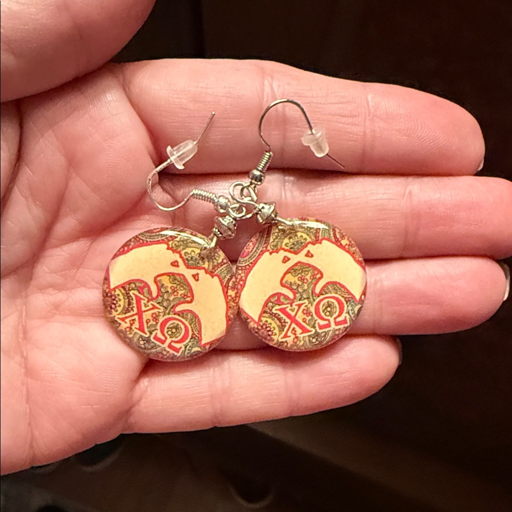 Chi Omega sorority  Bohemian Gold and Red Dangle Earrings